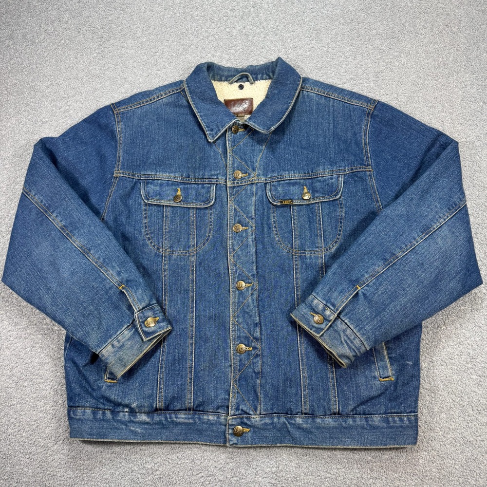Vintage Lee Trucker Jacket Men's Large Blue Sherpa Lined Leather Tag Grunge